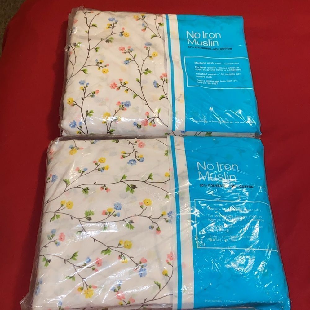 Two VTG, 69s 70s JC Penney No Iron Muslin One Flat Sheet Full Size 81 IN. X 96